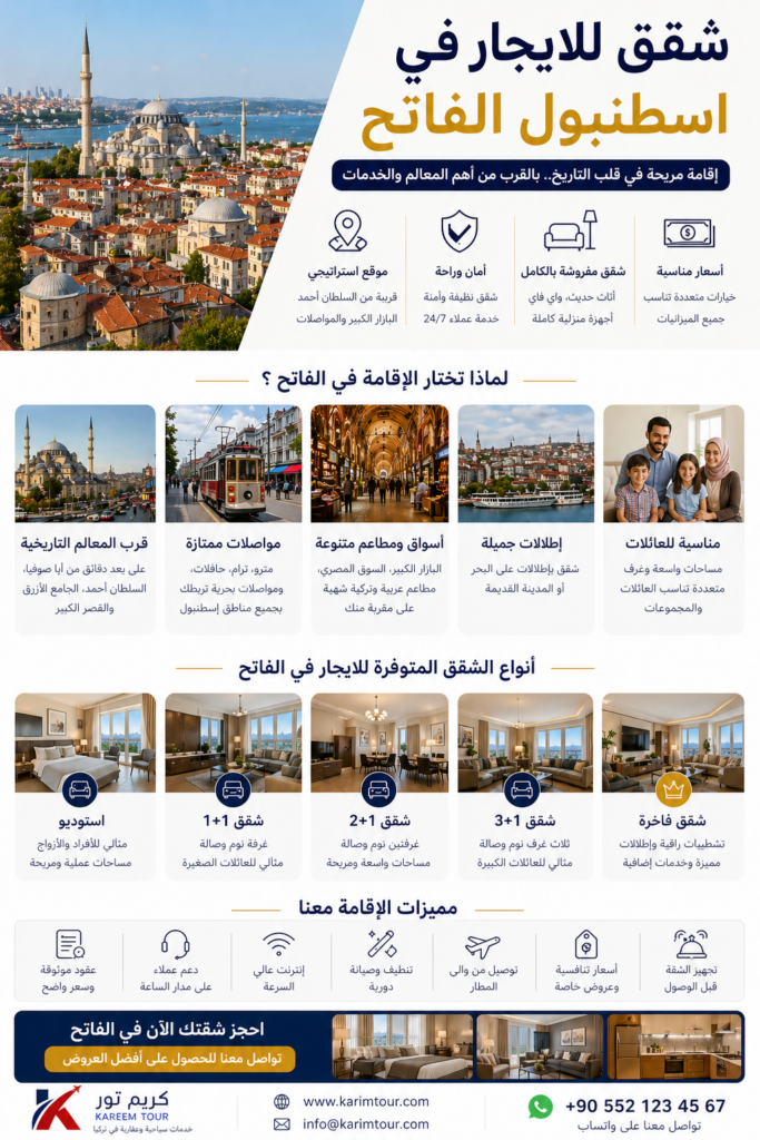 شقق مفروشة في الفاتح إسطنبول للإيجار اليومي والشهري قرب السلطان أحمد وأمينونو.